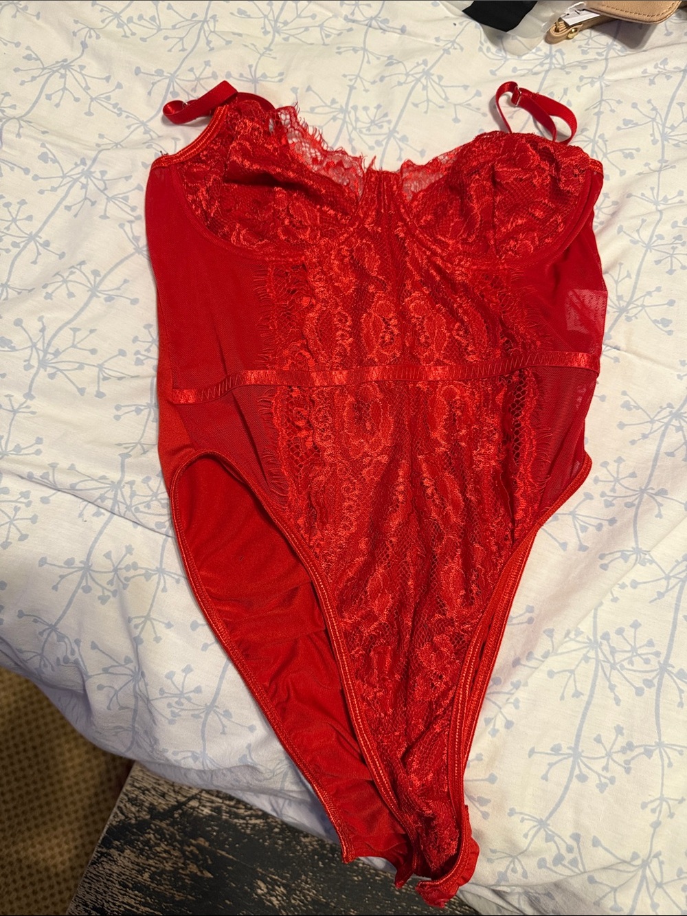 Red Lace Bodysuit with Sheer Panels - Women Intimates & Sleepwear